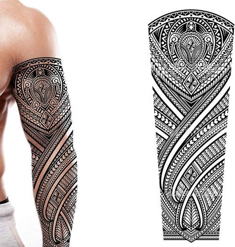 Tatodays 2 x Temporary tattoo turtles stick on black maori tribal body art sticker transfer for arms shoulder Aztec Polynesian Samoan Hawaiian for adult men and women luau party fancy dress