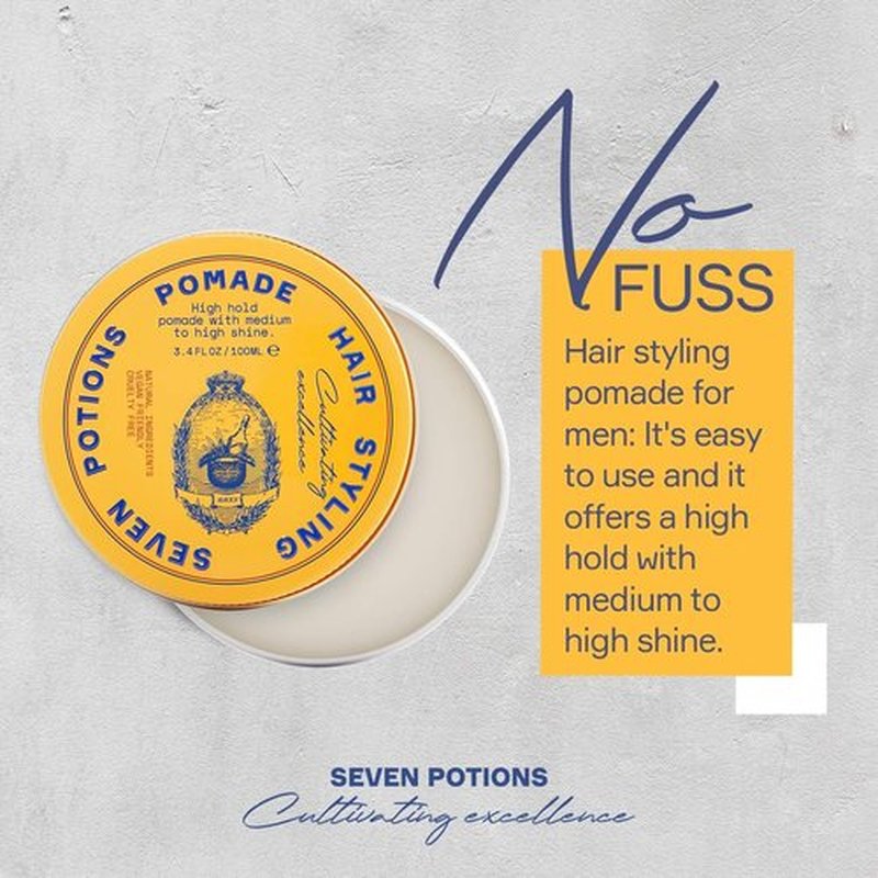 Seven Potions Men’s Hair Pomade - High Shine & Hold | Water-Based, Vegan & Cruelty-Free - 3.4 fl oz