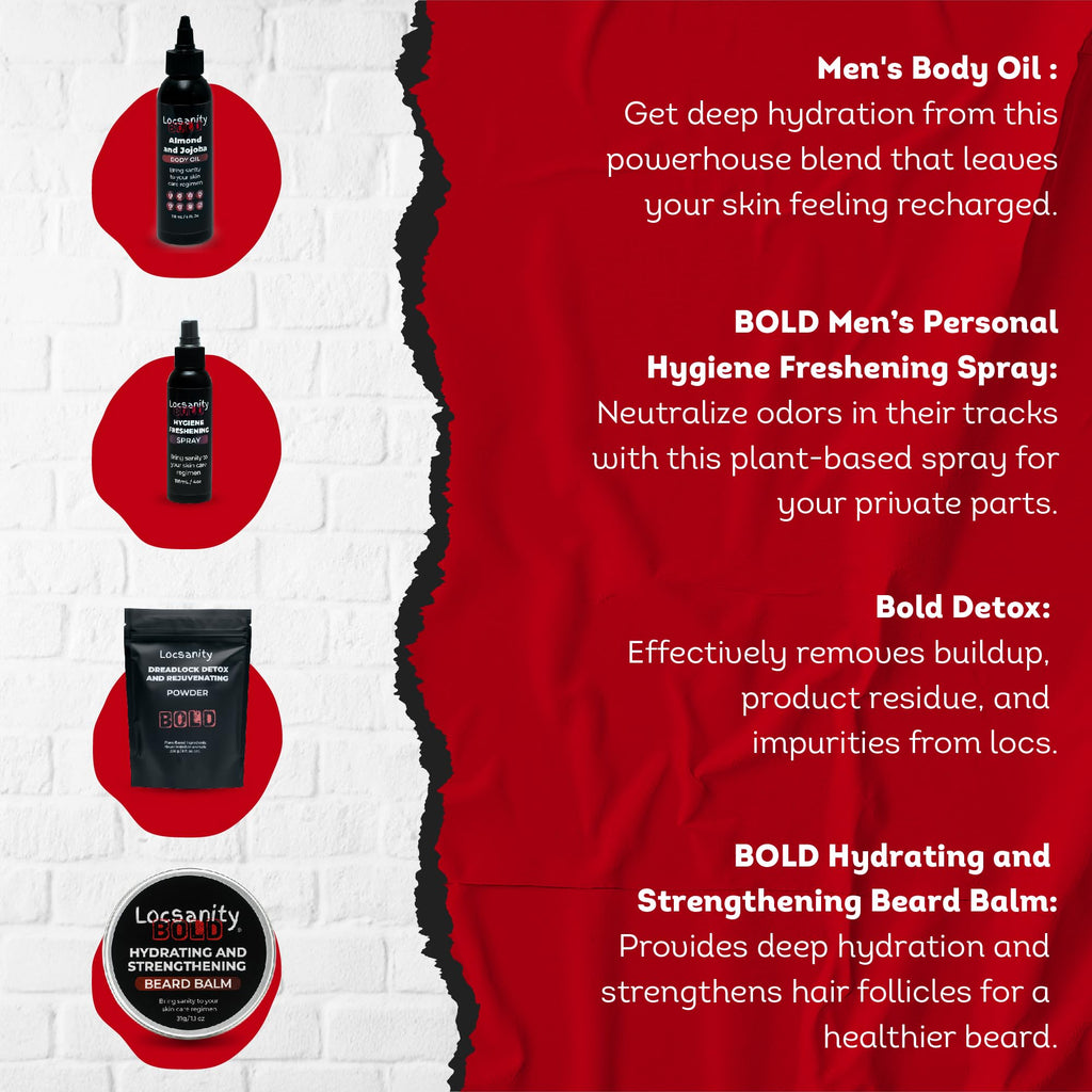 Locsanity BOLD Men’s Bundle – 7-in-1 Premium Grooming Set: Loc Spray, 3-in-1 Body Wash, Hygiene Spray, Men’s Body Oil, Beard Oil, Dreadlock Powder, Almond & Jojoba Oil | Dreads & Locs Moisturizer