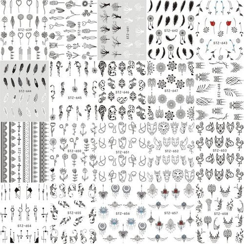 40 Sheets Flowers Nail Art Stickers, Holographic Flower Leaf Butterfly Pendant Necklace Feather Animal Line Nail Art Decals, Floral Resin Water Transfer Decal for Women Manicure Charms Decorations