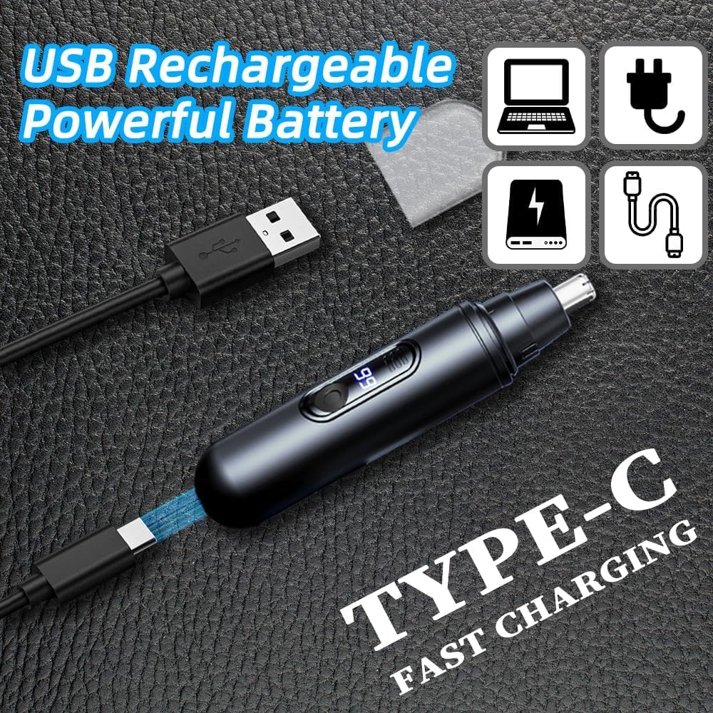 FREIOWEEI Ear & Nose Hair Trimmer, Professional Painless Eyebrow and Facial Hair Trimmer for Men and Women, C-Type Rechargeable, Waterproof Double Edged Blade Black