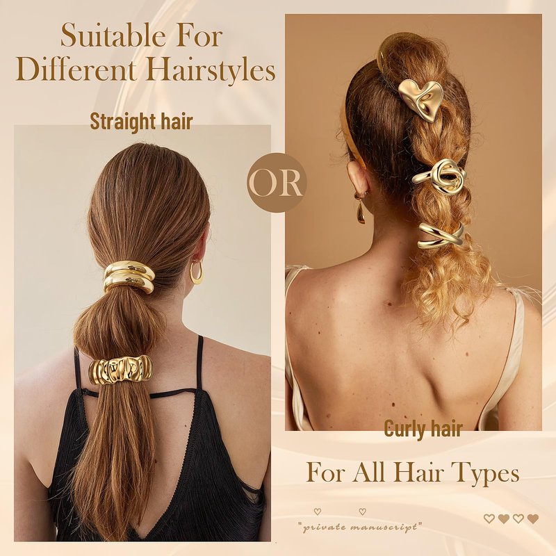 Yuxung 9 Pcs Gold Hair Tie for Women, Gold Cuffs, Metal Geometric Hair Ties Non-damage Ponytail Cuffs Holders for Thick and Thin Ponytails