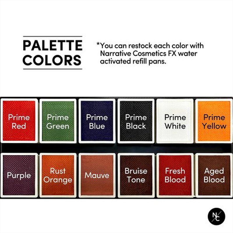 Narrative Cosmetics FX 12-Color Palette - Water-Activated Face & Body Paint for SFX, Theater, Cosplay - High-Pigment, Blendable SFX Makeup, Easy-to-Use for Film & TV