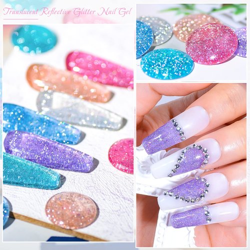 MEET ACROSS Reflective Glitter Gel Nail Polish, Shimmery Glitter Gel Polish Set, Sparkly Shiny Nail Art Varnish Manicure Kit, Soak Off LED Lamp, for Beginners DIY at Home