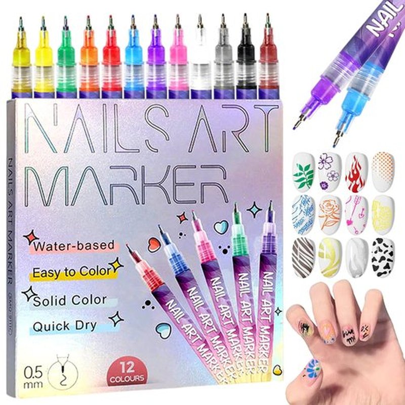 12 Colors Nail Art Pens Set, 2026 New Nail Art Markers Polish Pen for 3D Nail Art, 0.5mm Quick Dry Nail Polish Pens for Drawing, Painting & Dotting, DIY Nail Art Pen Set for Manicure Design Tools