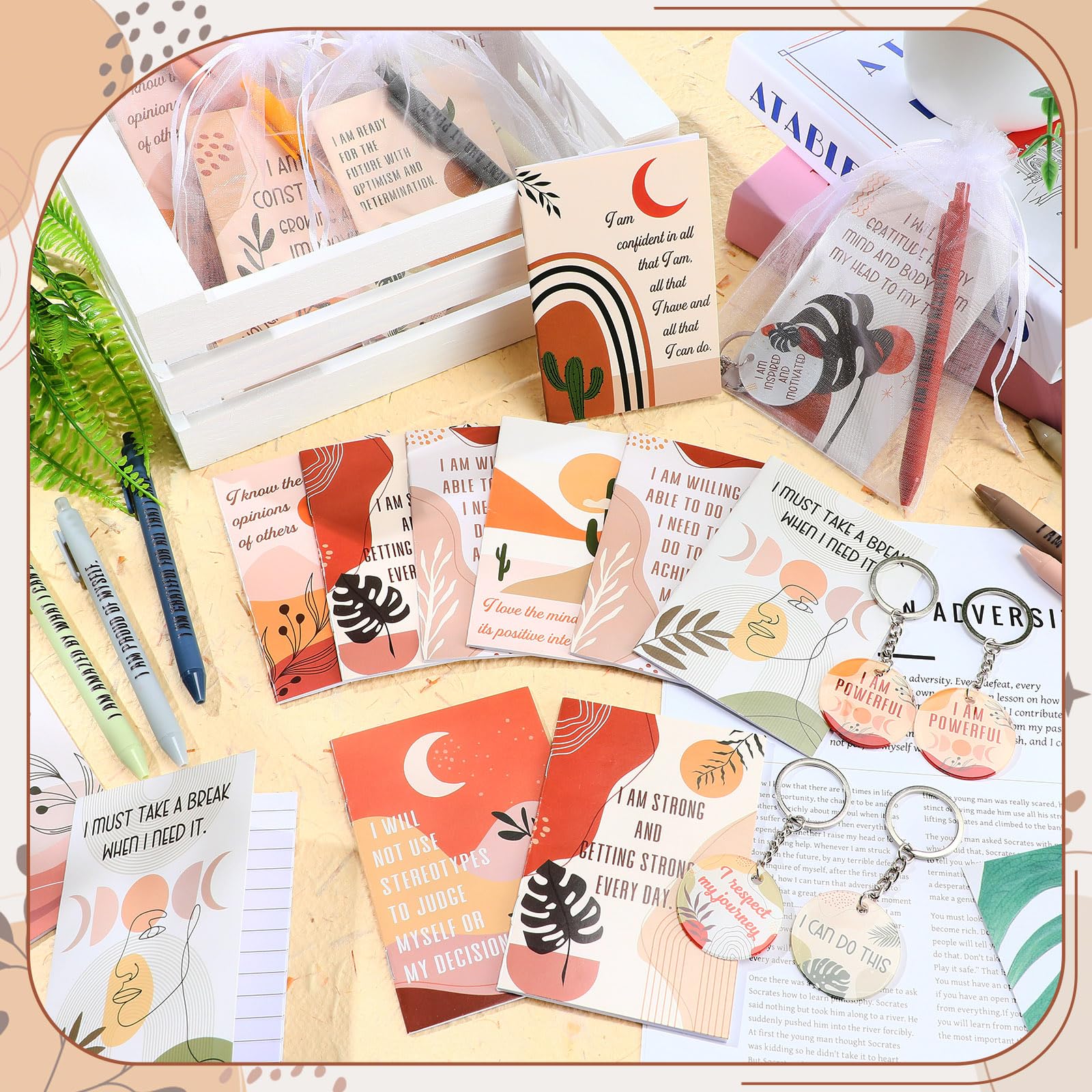 Mooliwe Positive Affirmation Back to School Gift Set Gratitude Notebooks with Pens Acrylic Keychains Small Bags Motivational Notepads for Women Coworkers Adults Party Favors(Boho)