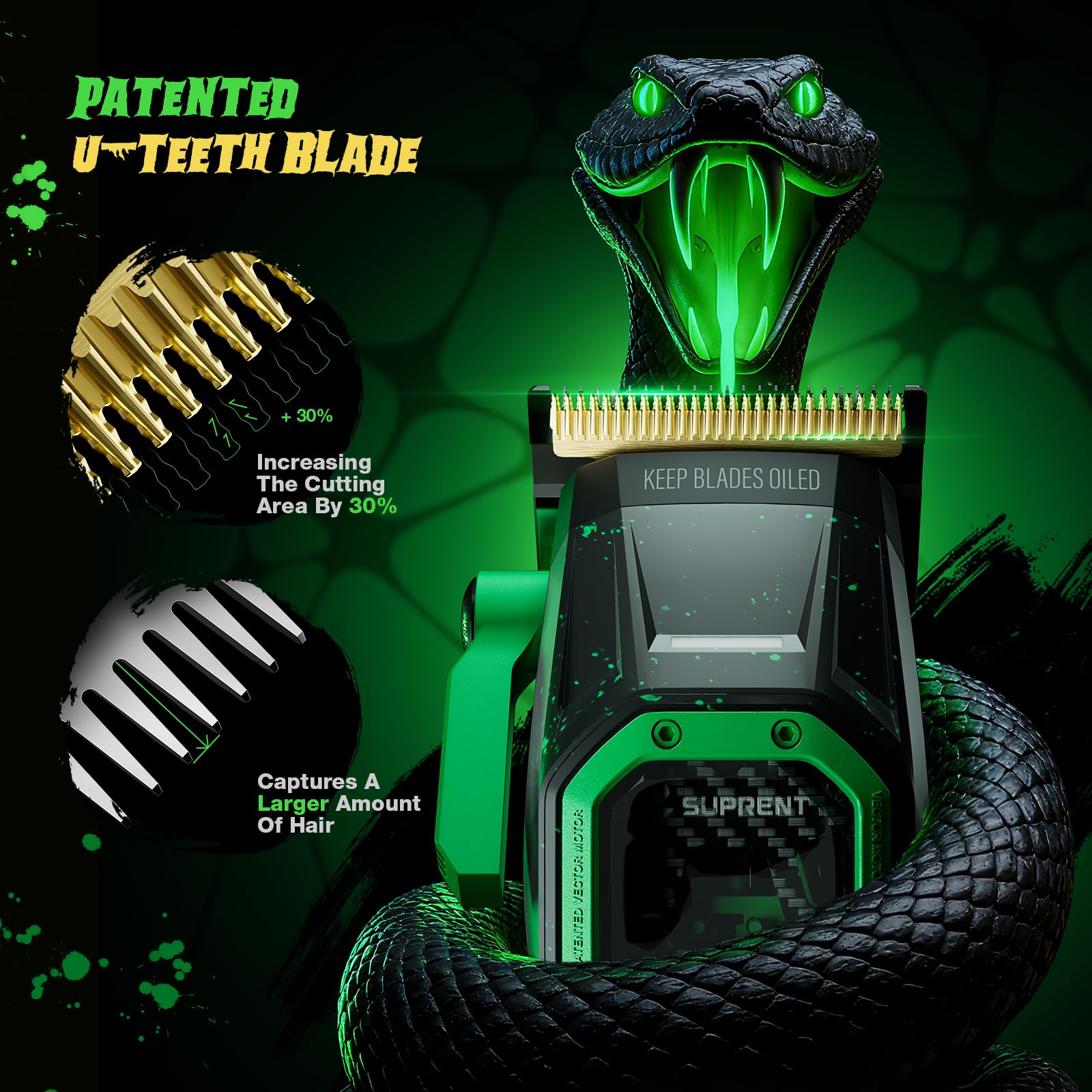 SUPRENT Fangs Professional Barber Clippers - High-Performance 13,000 RPM Vector Motor Hair Clipper Barber Trimmer Set, Professional Haircutting Kit with AI Speed Control, Patented U-Teeth Blade