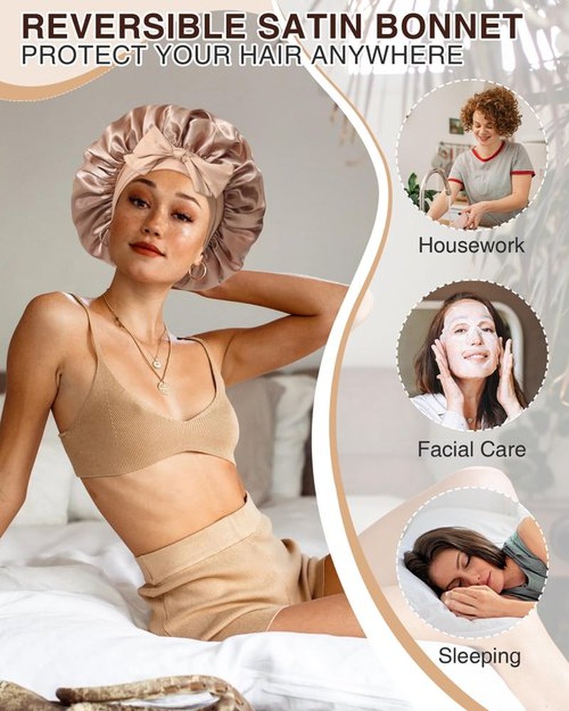 2PCS Satin Bonnets Silk Bonnet for Sleeping Women Curly Hair Bonnet with Tie Band Bonnets Sleep Cap (US, Numeric, 7, 7 3/8, Elastic Tie Band -Brown +Champagne)