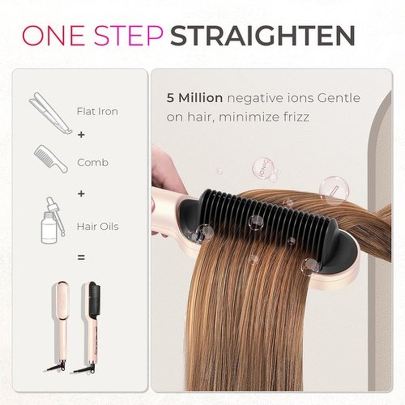 TYMO Ring Plus Ionic Hair Straightener Brush - Professional Styling Tool with 9 Temp Settings & LED Display, Gold Blush