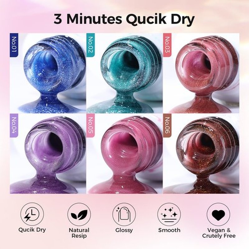 GELLAKTIK 5-in-1 Cat Eye Gel Polish Kit, 6PCS-7.5ml No Base/Top Coat Needed, All-in-One Formula, Beginner-Friendly Magnetic Nail Art Set with Magnet Sticks, Fast Curing for Home DIY Manicure
