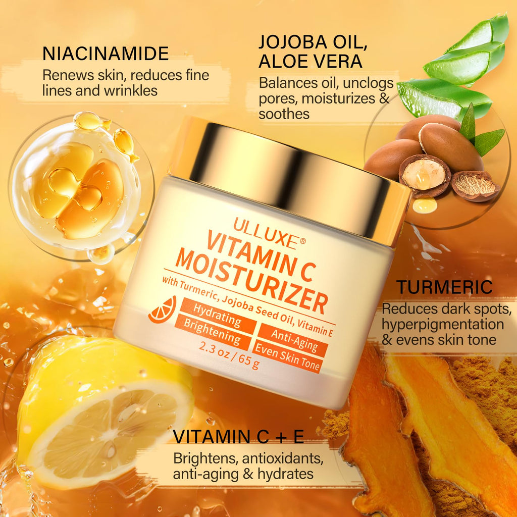 Vitamin C Face Moisturizer, Brightening & Anti-aging Face Cream with Turmeric for Dark Spots, Wrinkles & Uneven Tone, Glowing Skin Care Hydrating with Niacinamide & Squalane for All Skin Types, 2.3 Oz