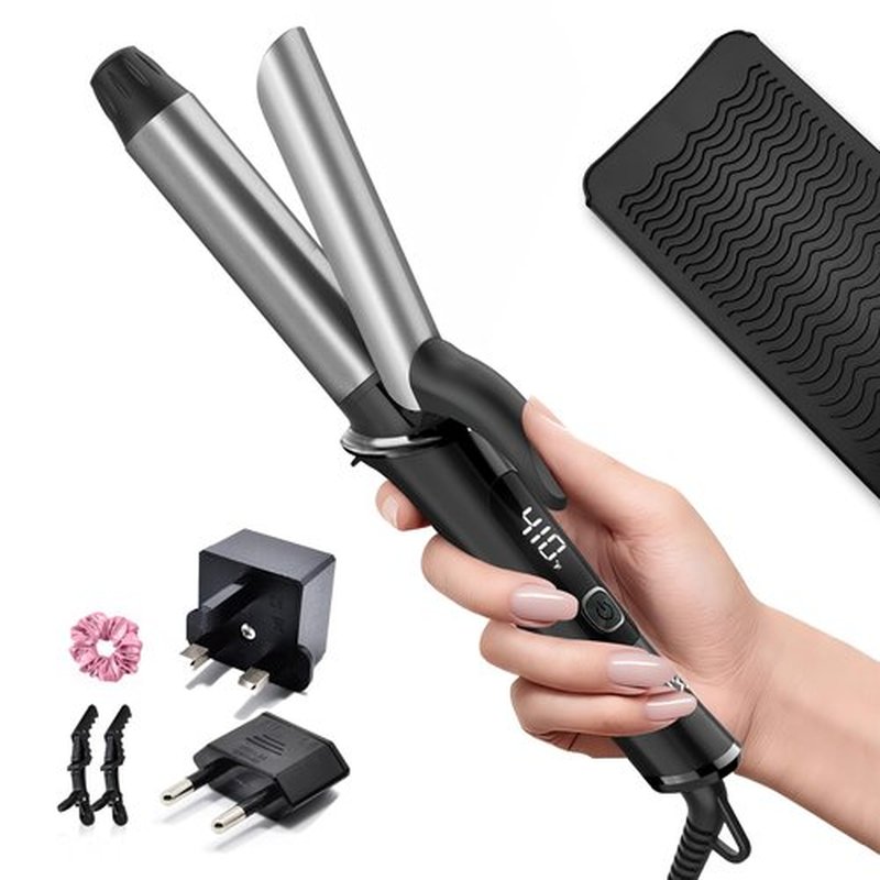 Travel Curling Iron 1 Inch,Dual Voltage Curling Iron 110-240V with European Plug,Small Curling Wand for Women & Short Hair, 5 Temp Digital Settings, Auto-Off, Anti-Scald Cover,Heat-Resistant pad(Grey)