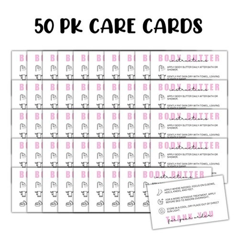 Body Butter Care Instruction Cards | 50 pk 2x3.5” Client Packaging Bulk Jar Ingredient Warning Label Stickers Container Stick