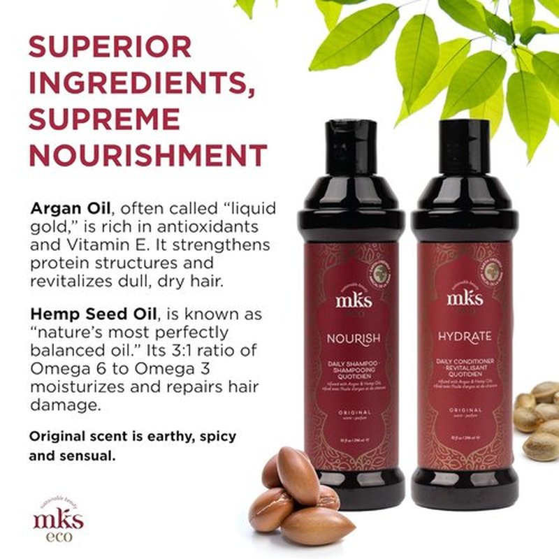 MKS Eco Nourish Shampoo & Hydrate Conditioner Set - Moroccan Argan Oil & Hemp Seed Oil | Vegan & Cruelty-Free (10 fl oz Each)