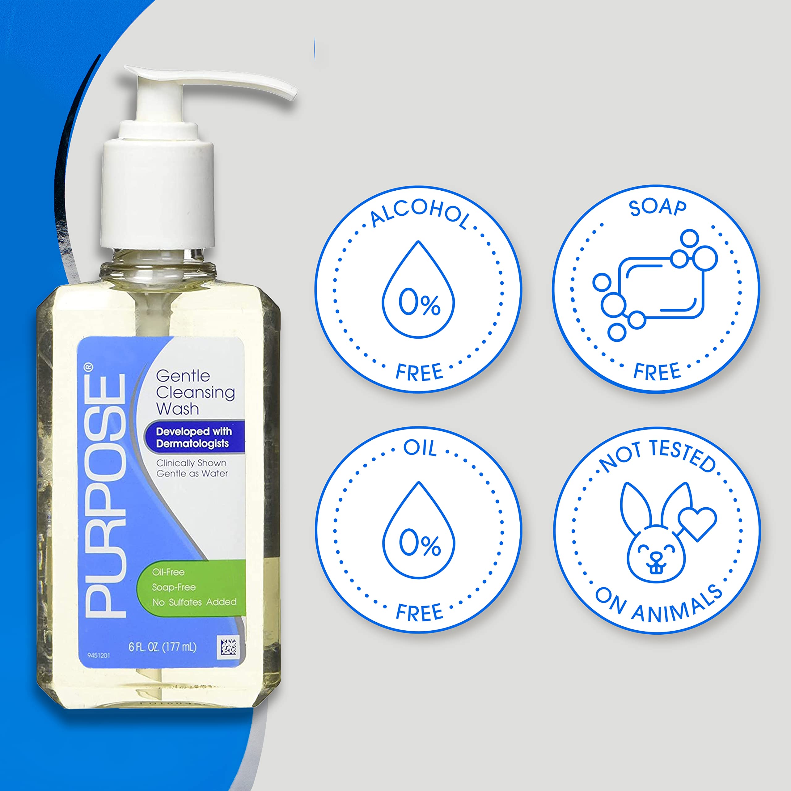 Purpose Gentle Cleansing Wash – Soap-Free Daily Facial Cleanser, Oil-Free And Alcohol-Free Face Wash For Sensitive Skin - Pump Bottle, 6 Fluid Oz. Pack of 5