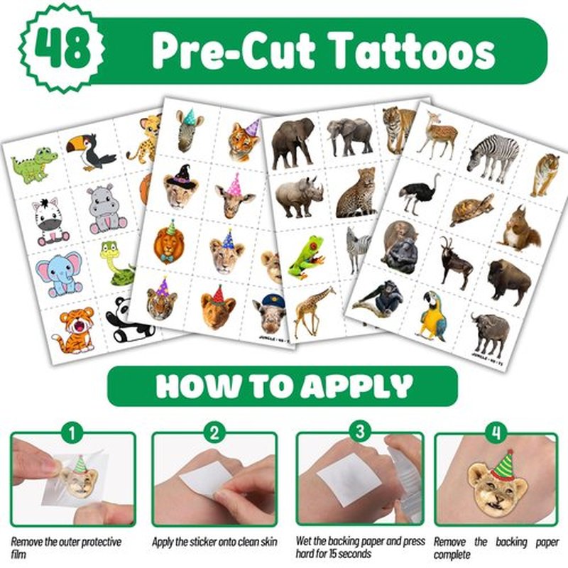 Cherisnowy 72PCS Jungle Party Set - 48PCS Temporary Tattoos & 24PCS Slap Bracelets Safari Themed Birthday Supplies, Baby Shower Gifts, Classroom Rewards & Party Decor for Kids (Boys & Girls)