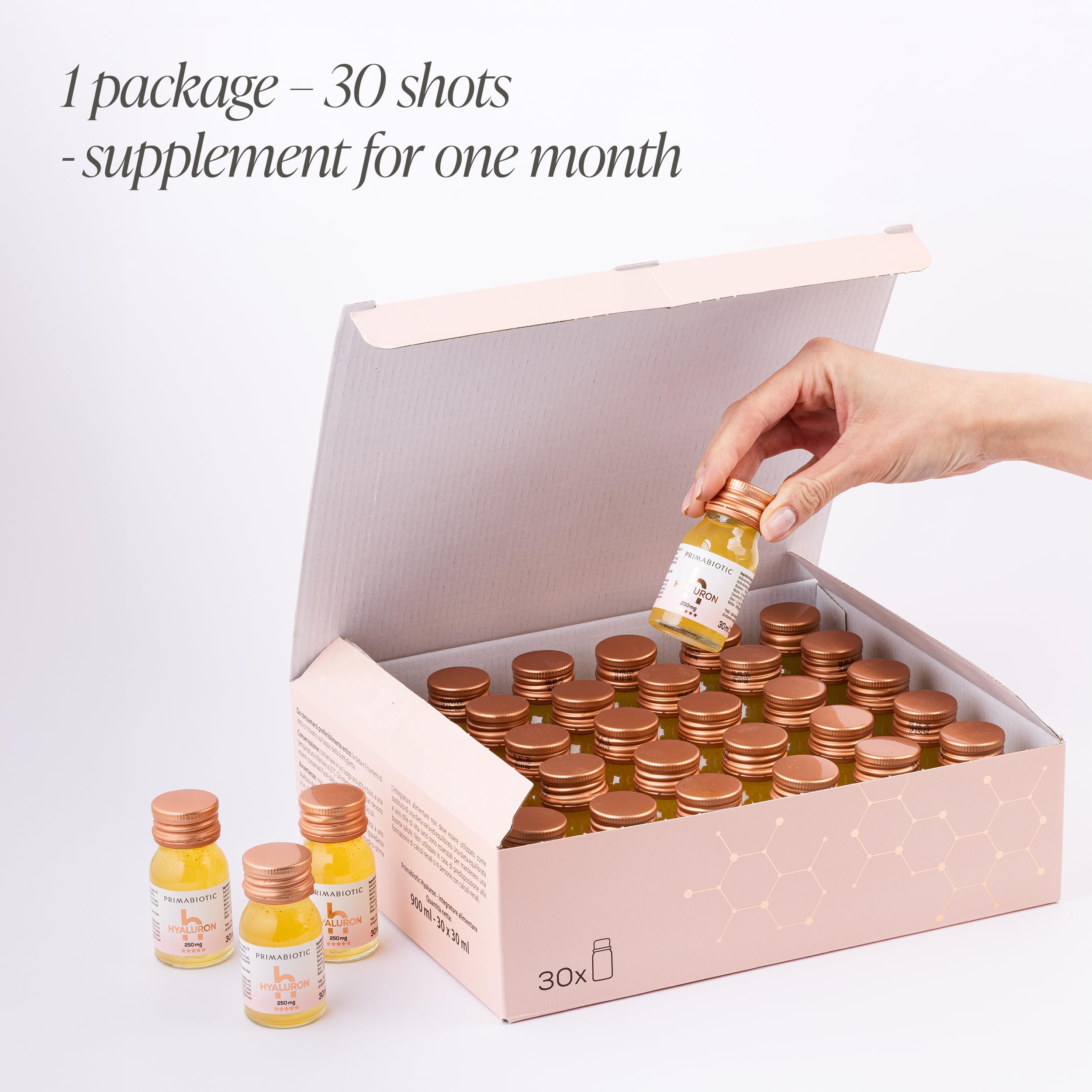 PRIMABIOTIC Hyaluronic Acid 250mg - Mango Flavor - Vegan, Deep Hydration, Anti-Aging and Skin Elasticity Support - Beauty Drink - Pack of 30 x 1 fl oz (30 mL) Bottles
