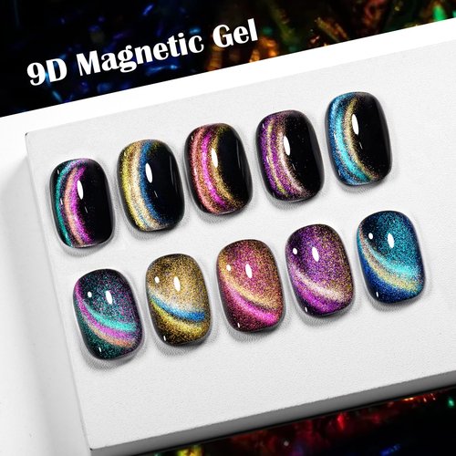 MEET ACROSS 9D Cat Eye Gel Nail Polish Set 9Pcs Cateye Magnetic Nail Polish Gel with Base Top Coat and Magnet Stick, Cat Eye Gel Polish Galaxy Rainbow Effect Manicure DIY Nail Art
