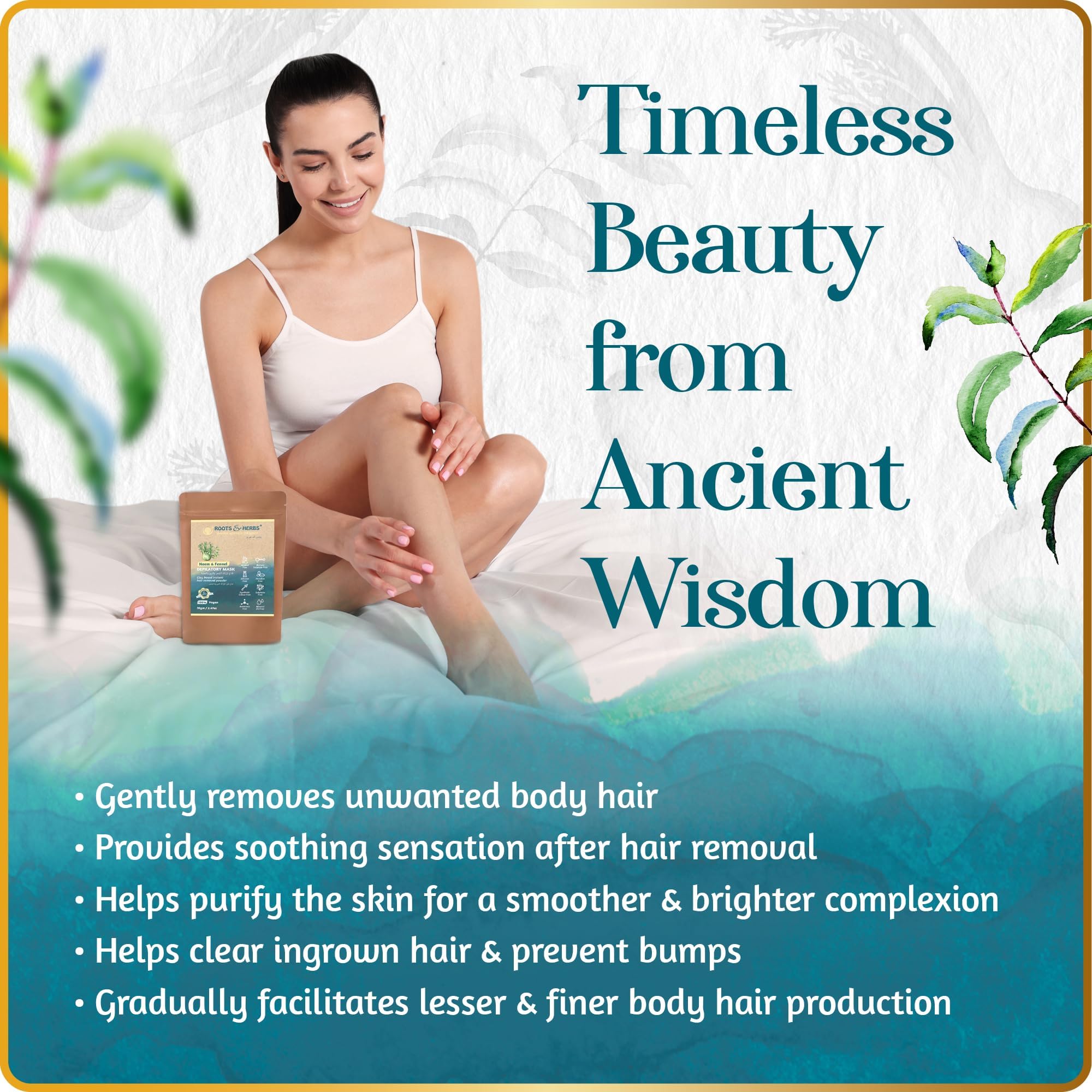 Neem & Fennel Hair Intimate Bikini Hair Removal for Women’s & Men’s Legs, Underarm, & Chest,- Depilatory Powder Body Hair Remover with Ayurvedic Herbs for All Skin Types - Roots and Herbs, 2.47oz