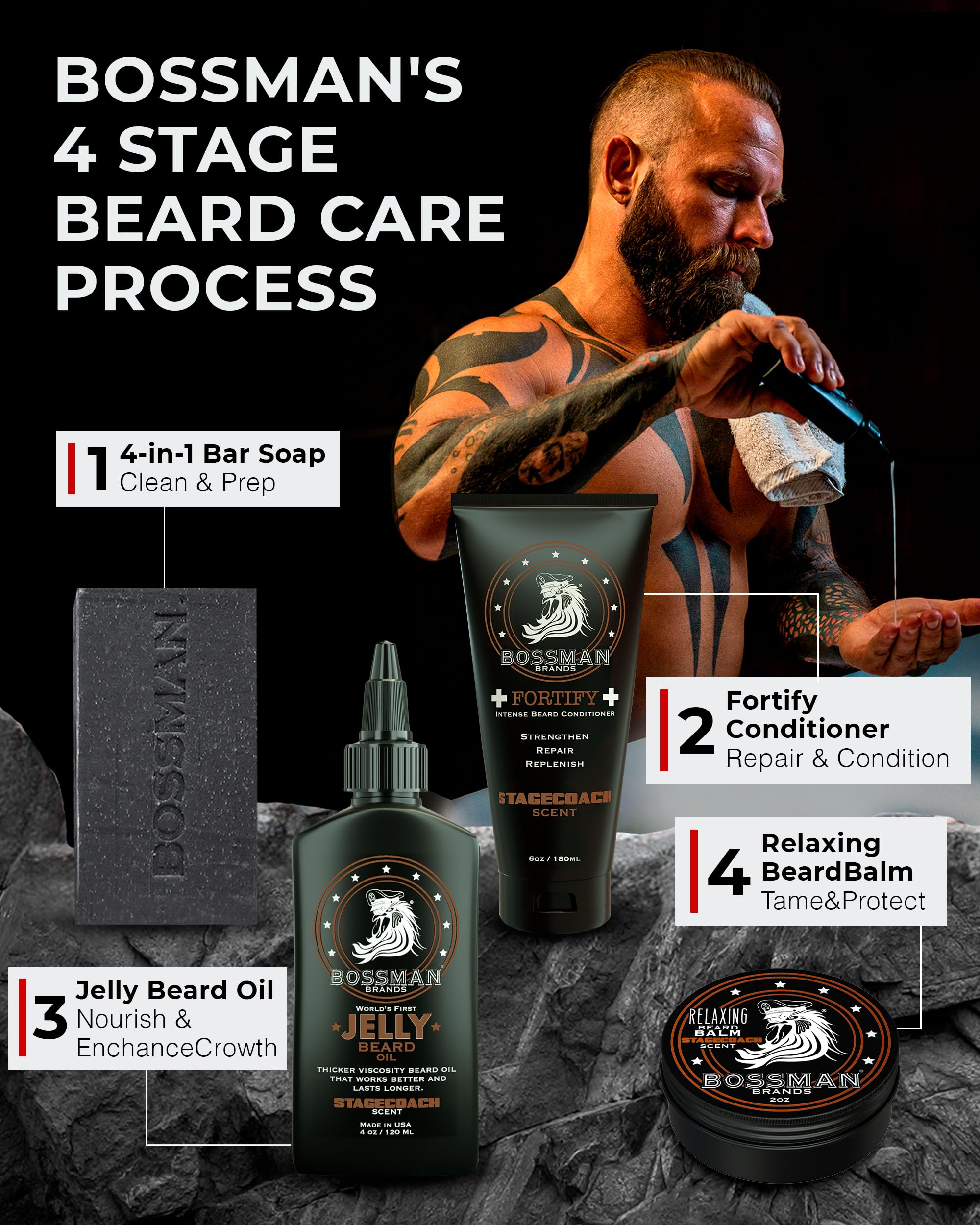 Bossman Big Boss Beard Care Kit for Men - Dad Gifts for Fathers Day, 7 Piece Beard Grooming Kit with Jelly Beard Oil, Beard Conditioner, Beard Balm, MUDstache Wax, Bar Soap, Metal Comb, Brush - (Gold)