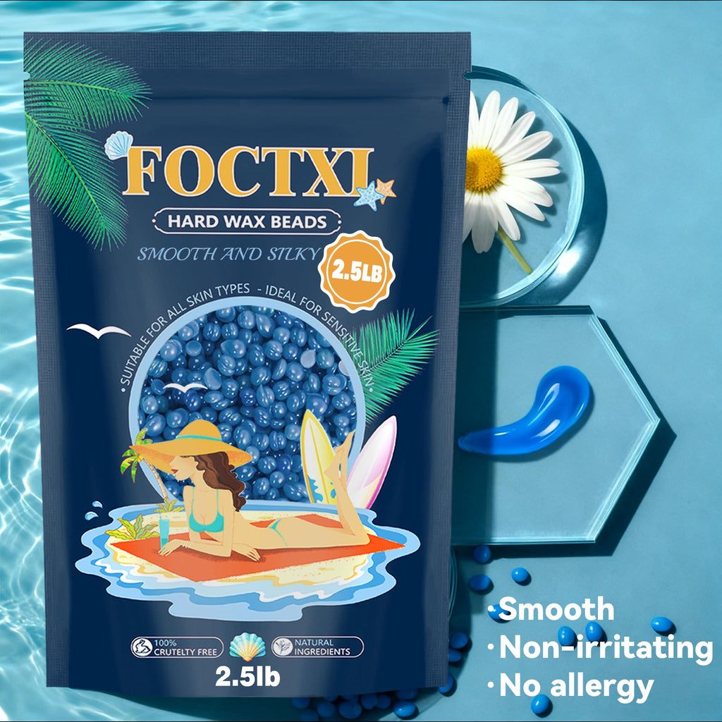 FOCTXI Hard Wax Beads, 2.5lb Wax Beans for Hair Removal Sensitive Skin + 10 Large Applicator Sticks - Coarse Hair Formula – Brazilian Bikini, Face, Eyebrows, Underarms, Arms, Chest, Back, Legs