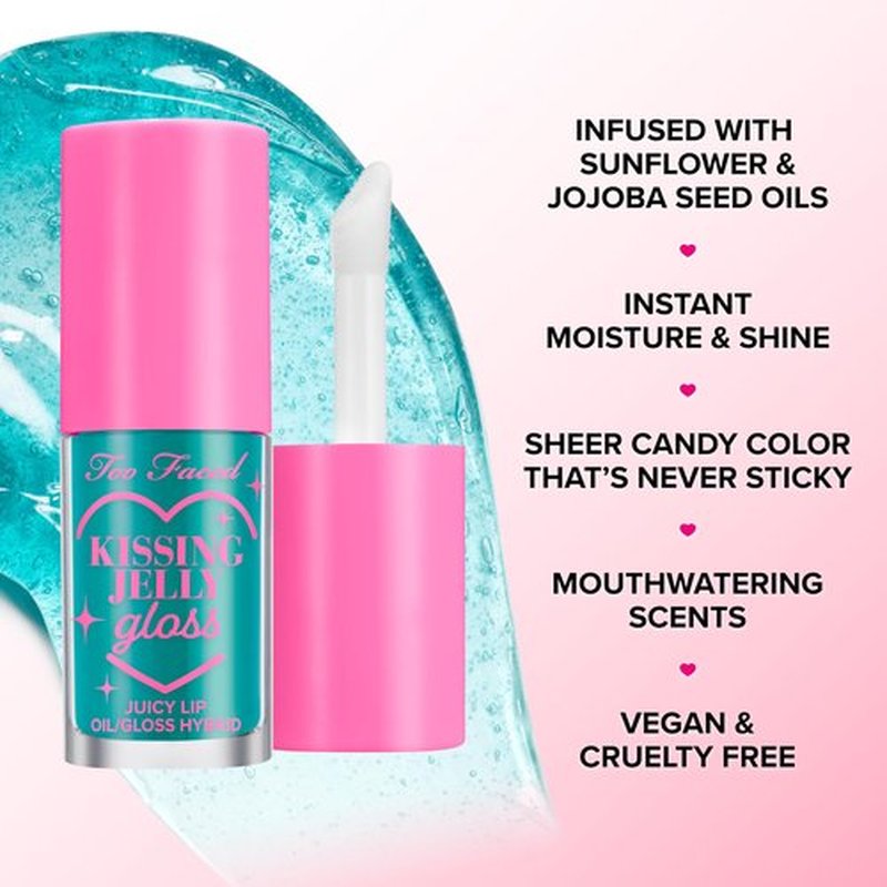 Too Faced Kissing Jelly Lip Oil + Gloss | Hydrating Lip Serum Treatment with Jojoba Oil for Instant Moisture and Glossy Shine, 0.15 Fl Oz, Raspberry