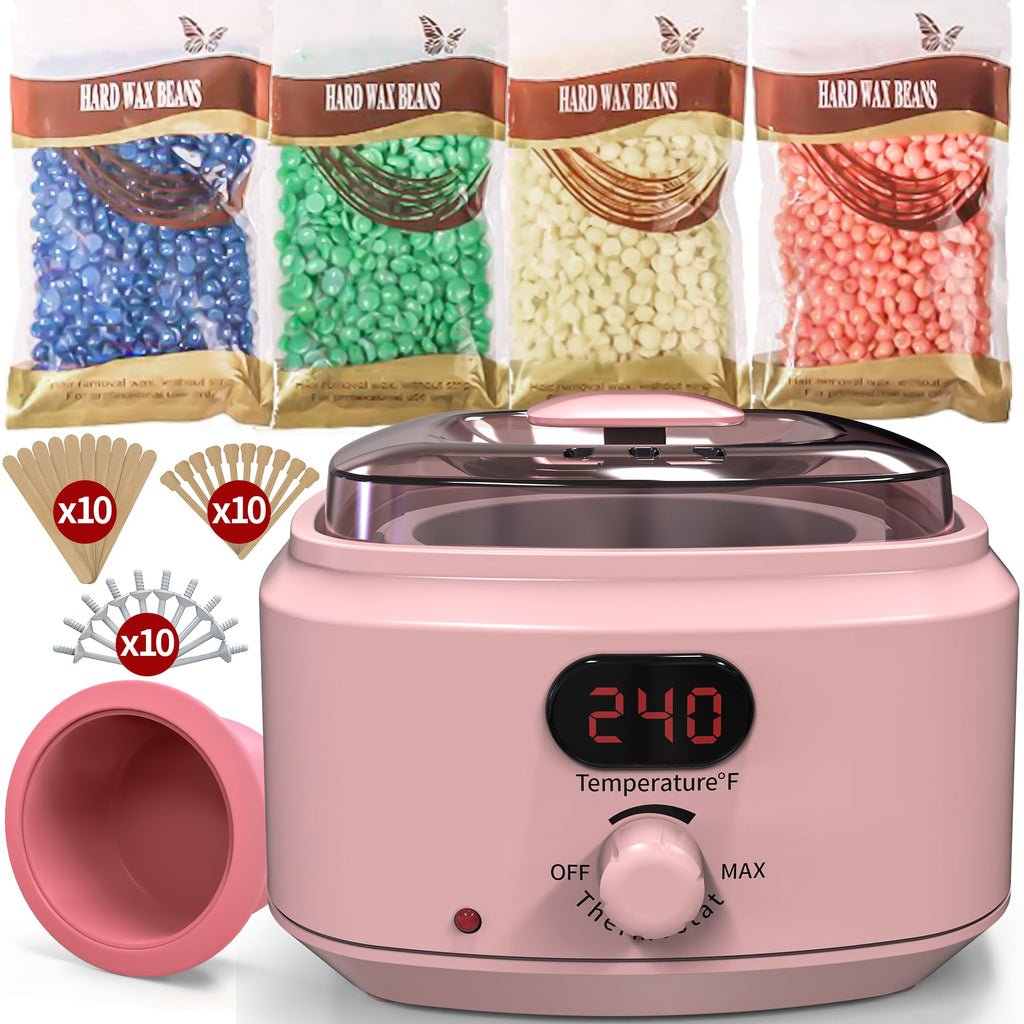 Waxing Kit for Women Men, Digital Wax Kit with Silicone Bowl & 4 Bags Hard Wax Beads, Portable Wax Warmer for Sensitive Skin Full Body Hair Removal, Brazilian Bikini, Eyebrow, Face (White)