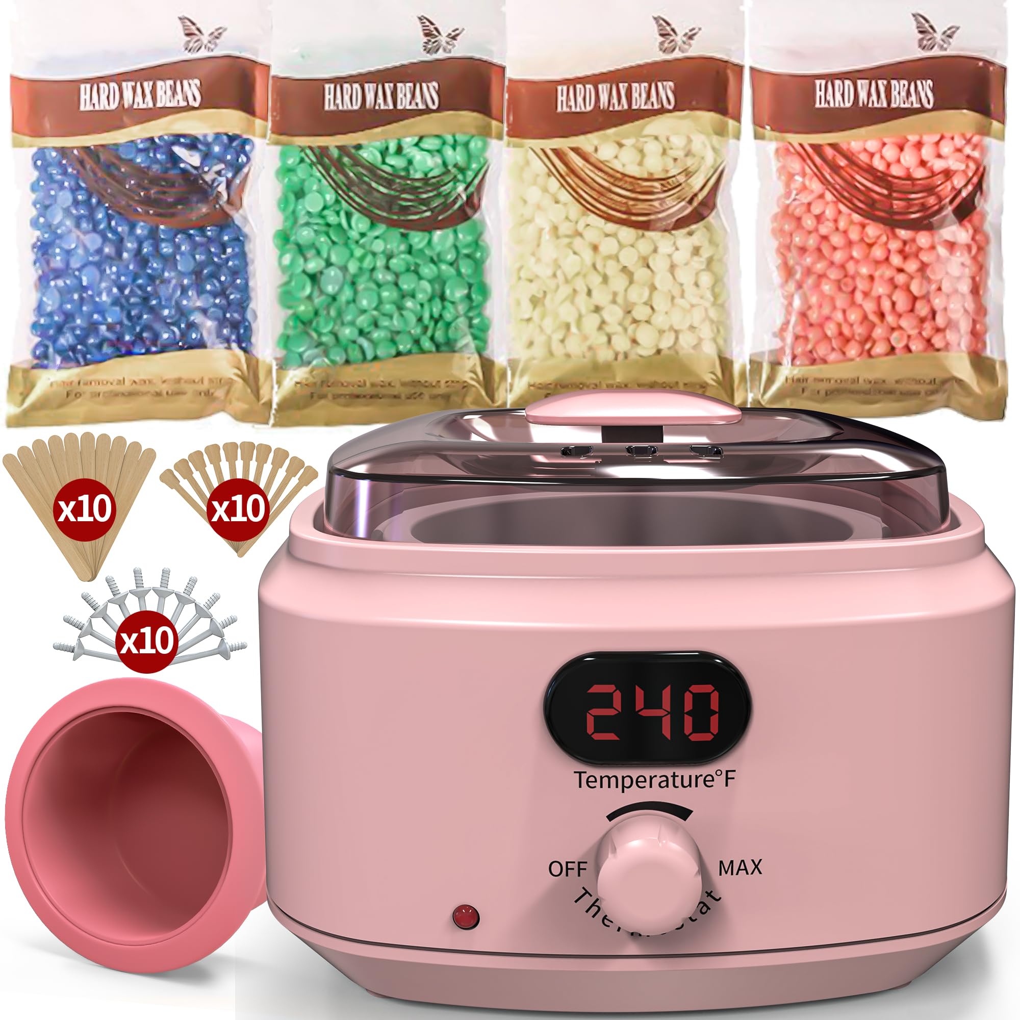 Waxing Kit for Women Men, Digital Wax Kit with Silicone Bowl & 4 Bags Hard Wax Beads, Portable Wax Warmer for Sensitive Skin Full Body Hair Removal, Brazilian Bikini, Eyebrow, Face (White)