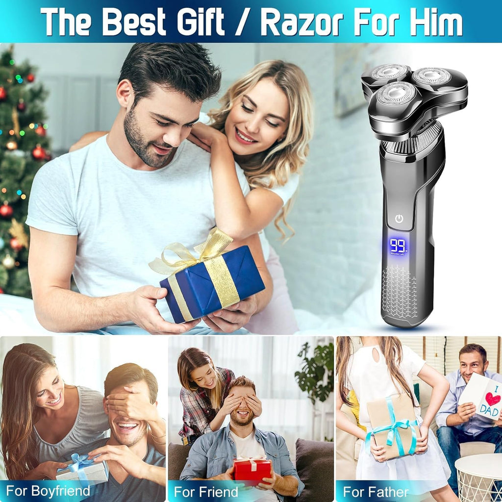 Men's Electric Razor, Upgraded 4D Floating Magnetic Blade Head Rotary Shaver, 3-in-1 Multifunctional for Beard/Nose/Sideburns, IPX7 Waterproof Rechargeable Cordless Shaver, Turbo Speed, Gift for Men