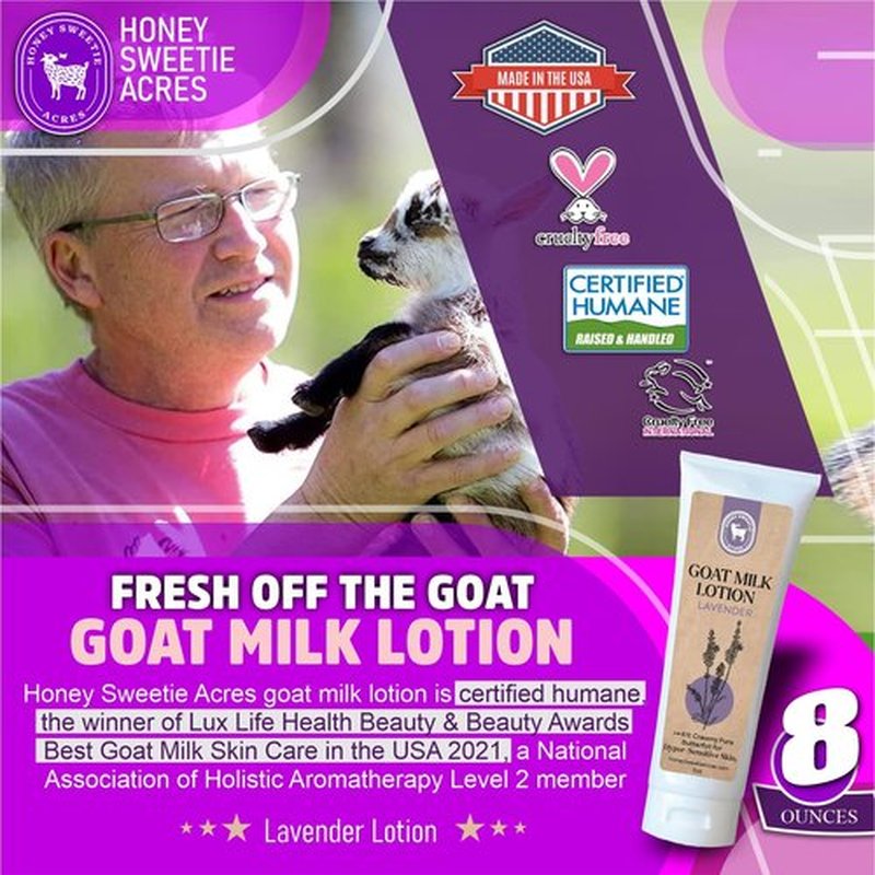 Honey Sweetie Acres Fresh Off The Goat All-Natural Goat Milk 8 oz Lavender Body Lotion is a cruelty-free, handmade lotion that hydrates and moisturizes - Made in the USA
