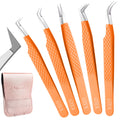 GTEX Fiber Tip Lash Tweezers For Eyelash Extension Set of 5, Professional Eyelash Tweezers For Lash Extensions - 90 45 Degree Curved Volume Tweezer Orange