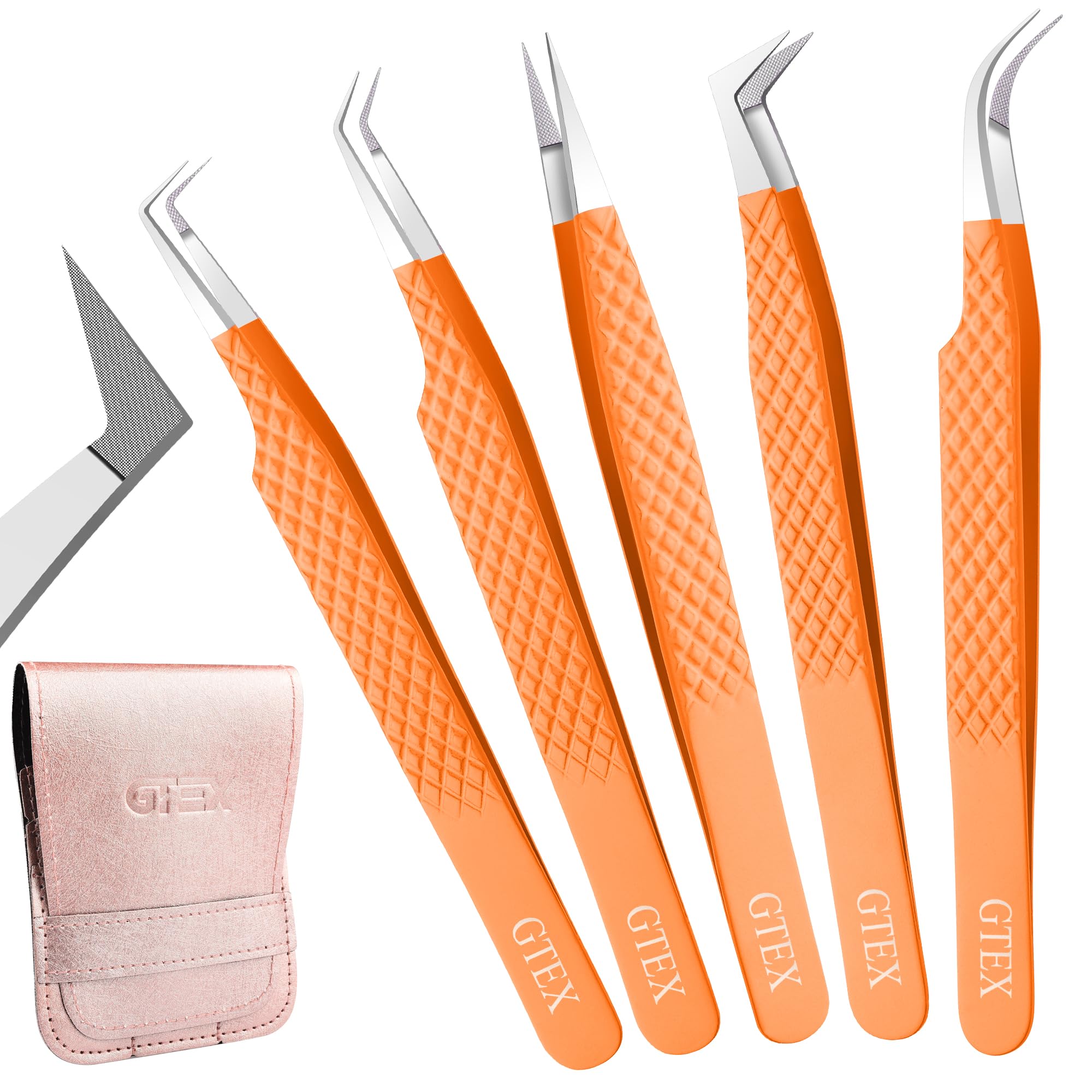 GTEX Fiber Tip Lash Tweezers For Eyelash Extension Set of 5, Professional Eyelash Tweezers For Lash Extensions - 90 45 Degree Curved Volume Tweezer Orange