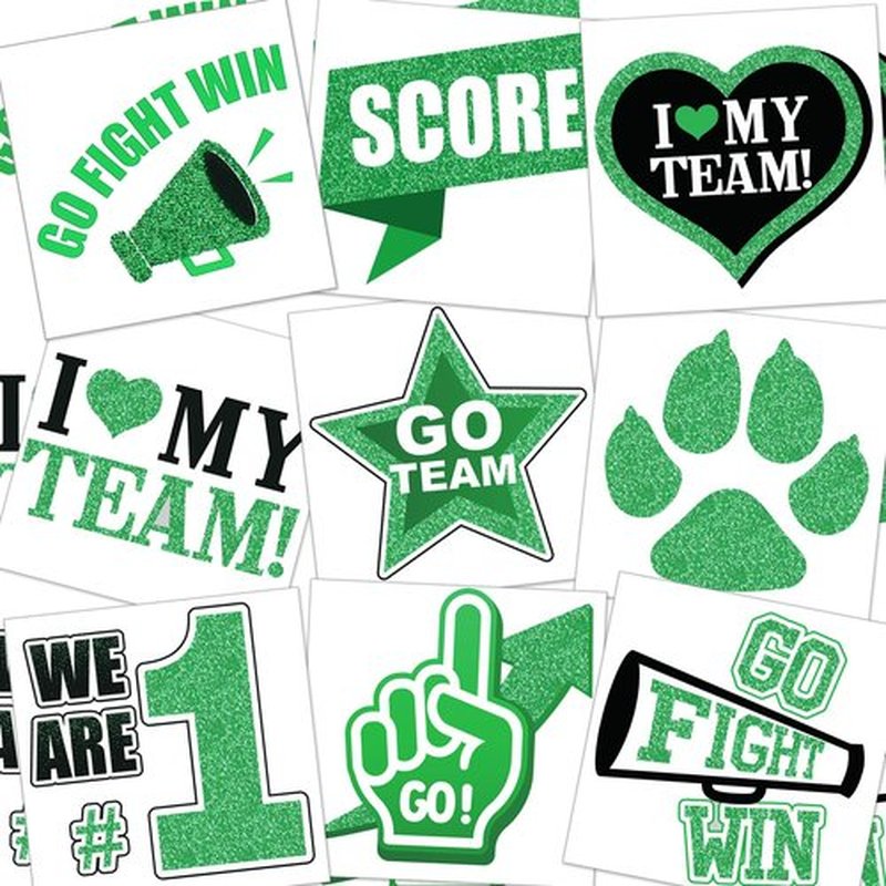 Colarr 180 Pcs Green and Black Team Spirit Temporary Tattoo 2", 1.5" Face Body Paw Go Team Cheer Tattoo Removable Glitter School Spirit Stickers for Classroom Cheerleading Football Sports Games