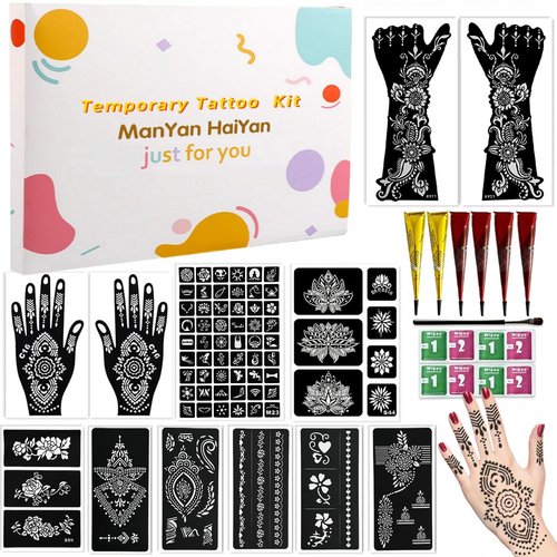 12 Sheets Temporary Tattoo Stencils Kit-Large 78 Pcs Tattoo Patterns-6 Pcs (Brown/Black/Maroon) Ink with Paint Brush for DIY Body Art-Tattoos for Women Men Kids