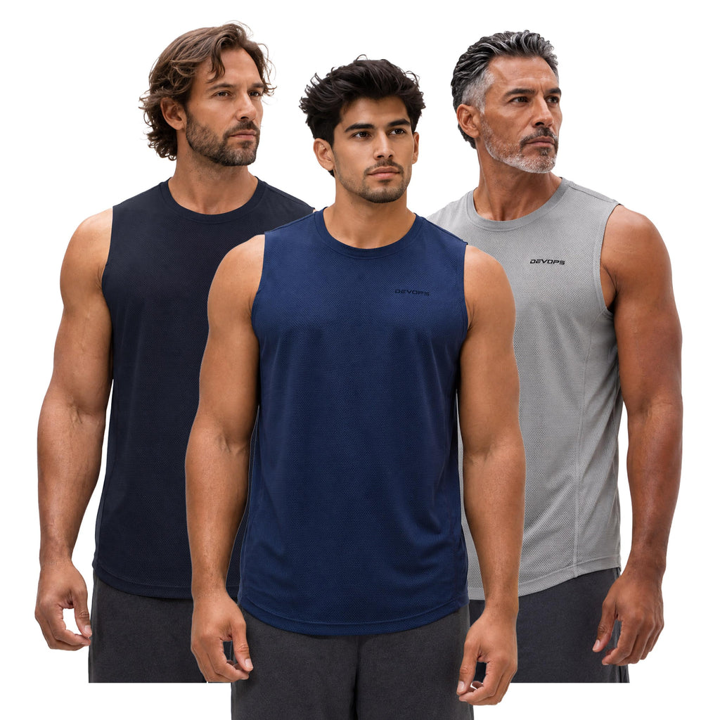 DEVOPS 3 Pack Sleeveless Men's Muscle Shirts Dry Fit Mesh Tank Top Gym
