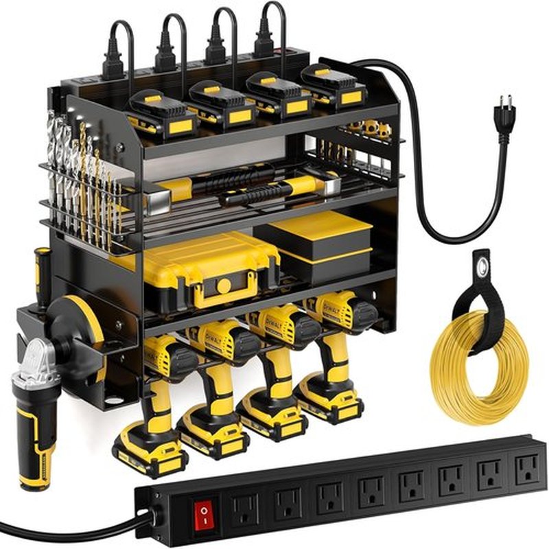 POKIPO Power Tool Organizer - Heavy Duty Wall Mount Storage Rack with Charging Station & 8 Outlet Power Strip