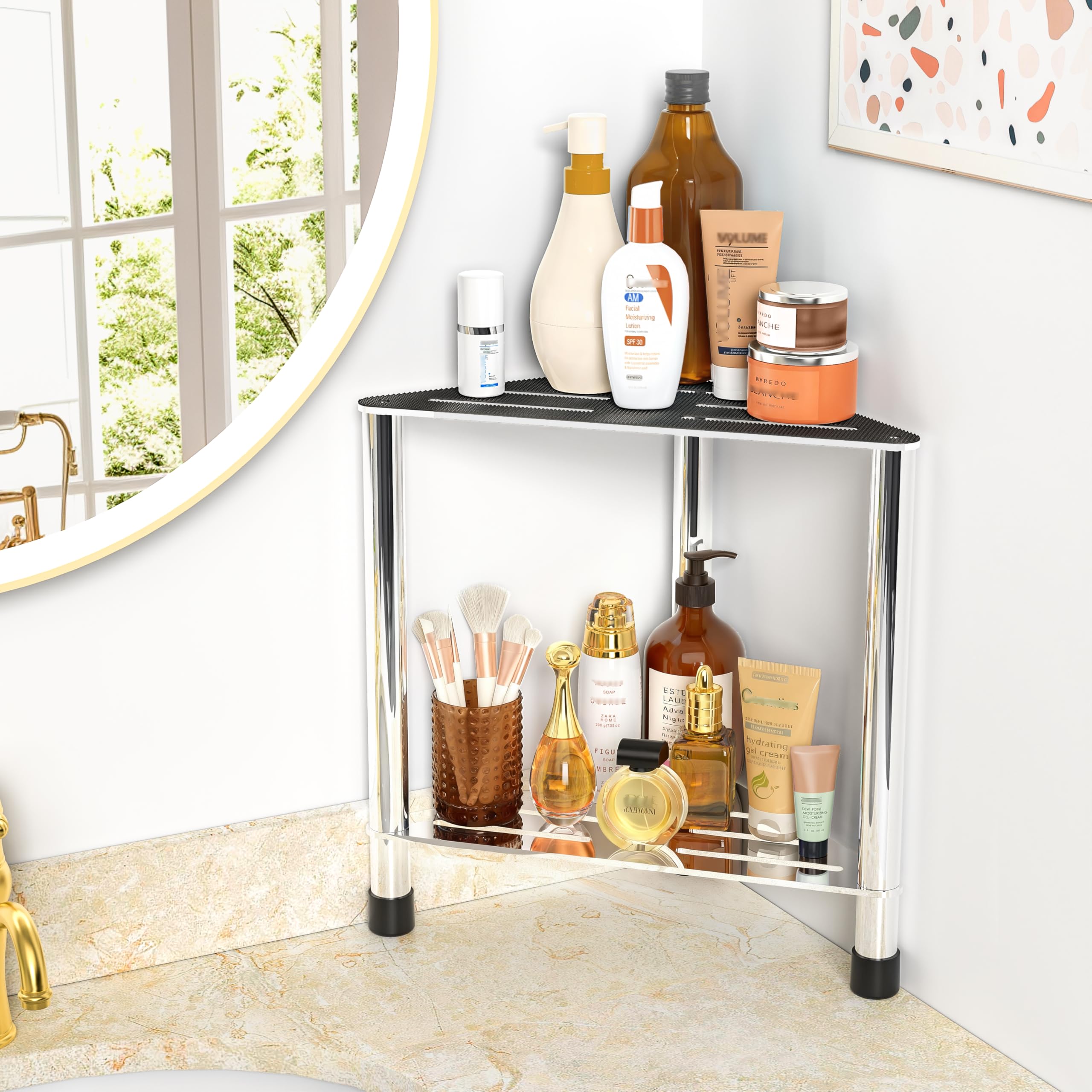 LarFaFa Upgrade Stainless Steel Shower Stool for Inside Shower, 15.4'' H Shower Foot Rest, Corner Shower Stool with Storage Shelf, Shower Step for Shaving Legs, Bathroom Corner Shower Bench, Silver
