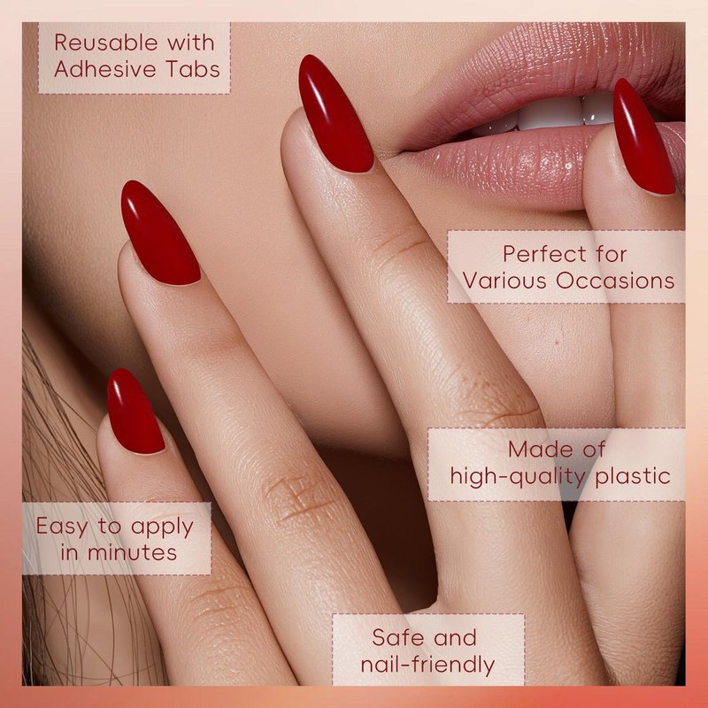 Yersunsy Short Almond Press On Nails, Durable Reusable Glossy Artificial Nails Kit with Adhesive Tabs, 24 Pcs 12 Sizes for Fashion Women, Perfect for for Daily Outfits, Party or Date, Red