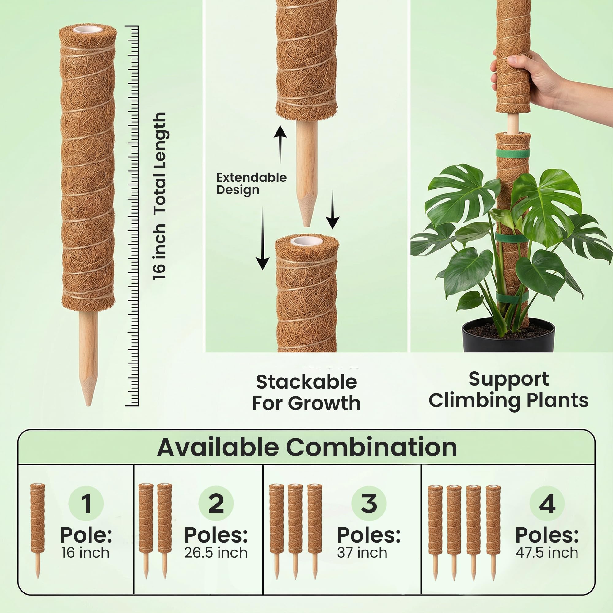 4 Pack 16" Moss Pole Monstera Plant Support - Stackable up to 48" - Plant Stakes for Indoor Climbing Plants Potted - Tall Coco Coir Pole Sticks & Accessories for Monstera, Pothos & Philodendron