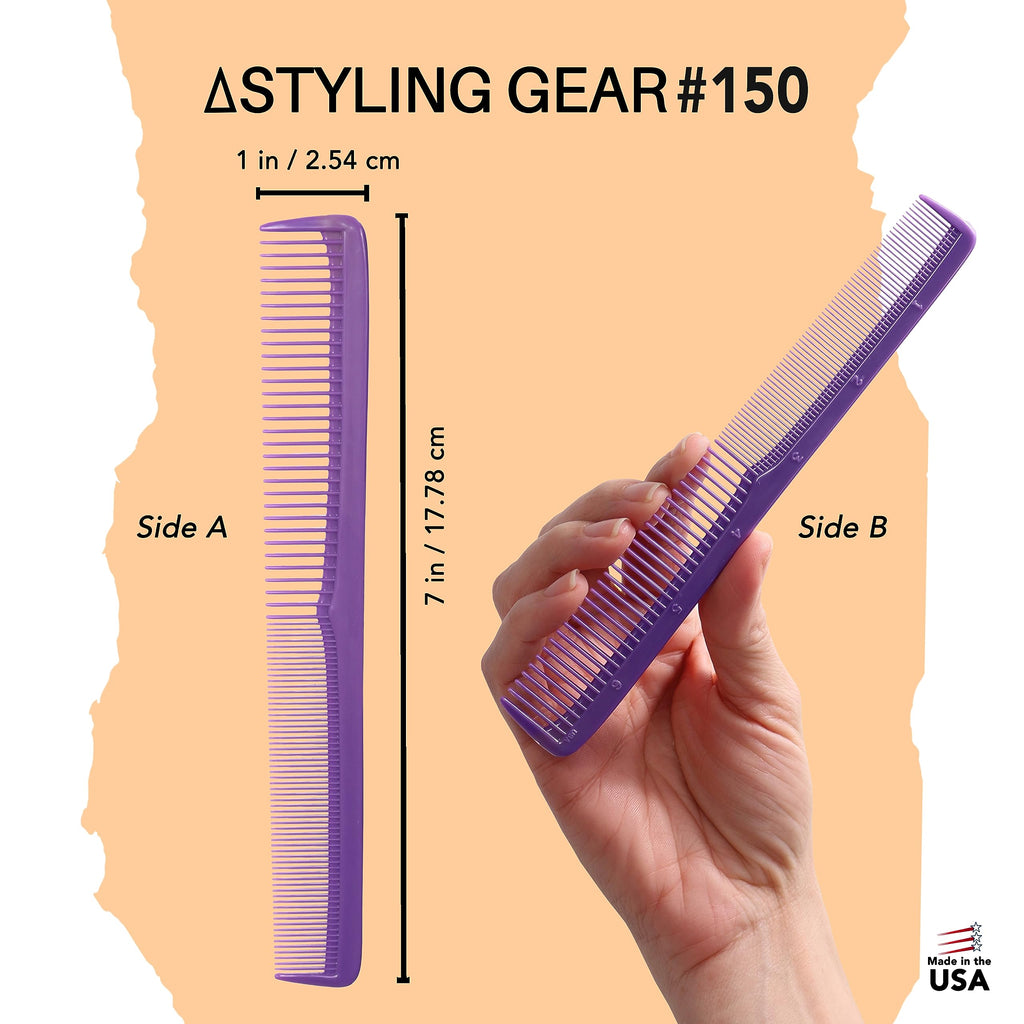 Styling Gear #150 Comb Set Of 3 Barber Cutting, Men's And Women's Pocket Combs For Hairstyling, Beard, And Mustache Grooming. Made In The USA. (Purple)
