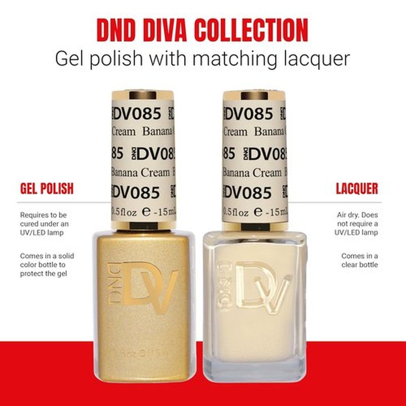 DND Gel Polish Set - Coquette Collection | UV/LED Gel & Air Dry Nail Lacquer Duo, 085 Banana Cream, 0.5 Fl Oz