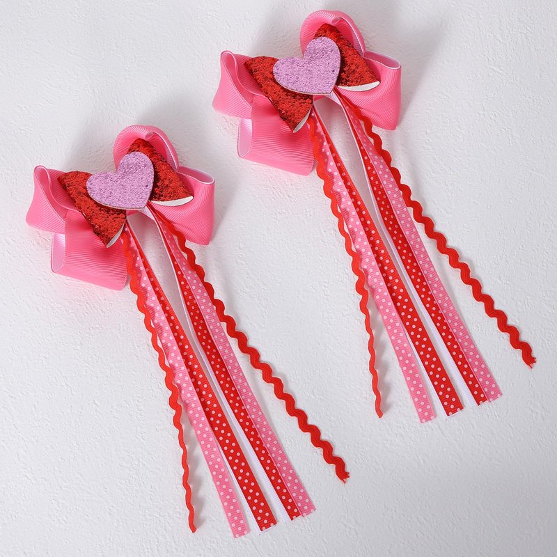 Valentine's Day Hair Bow Clips Sparkly Love Heart Glitter Hairpins Long Tails Grosgrain Ribbon Valentine Hair Accessories for Girls, Pink&Red
