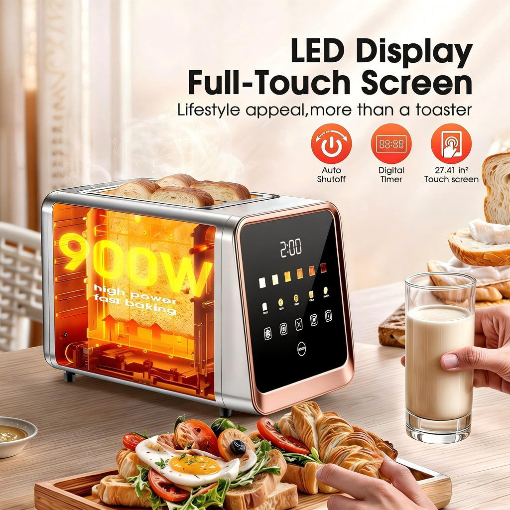 Touch Screen Toaster 2 Slice, Smart Digital with 1-Touch Memory, 1.5" Wide Slot for Bagels, 5 Bread Types & 6 Shade Settings, 900W, Defrost & Reheat