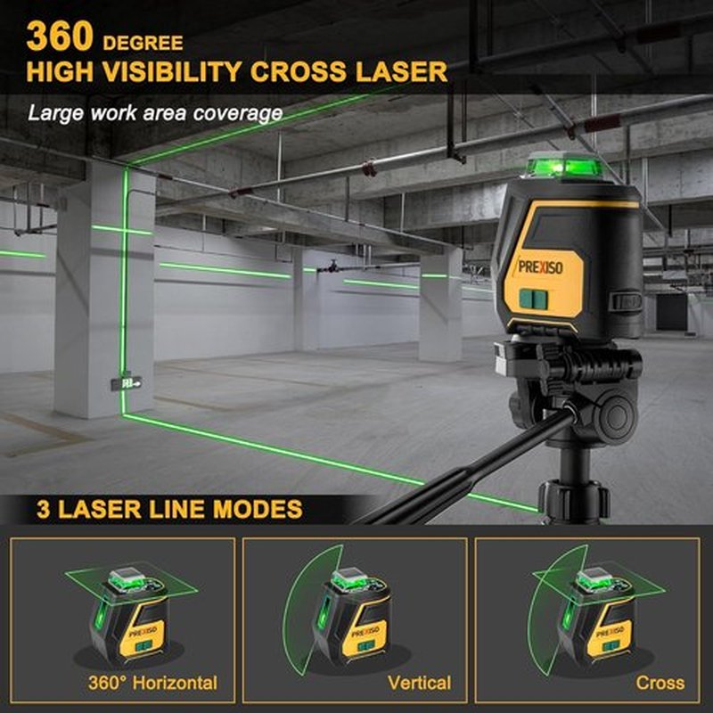 PREXISO 360 Laser Level - Rechargeable Green Vertical Line Laser with Tripod | 100Ft Range & 3 Brightness Settings