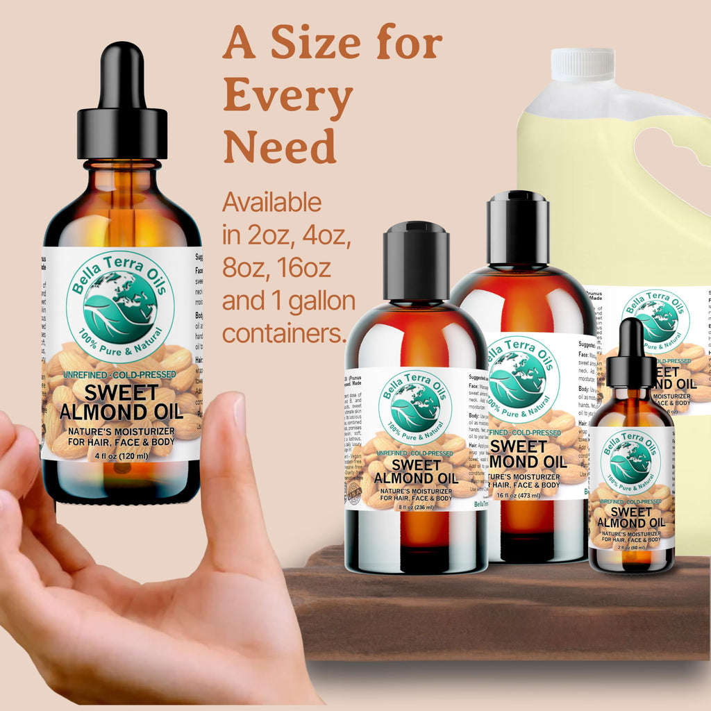 Natural Sweet Almond Oil – 1 Gallon, Deep Hydration, Nourishing, Light & Absorbent, Rich in Vitamins, Non-Greasy. Bella Terra Oils