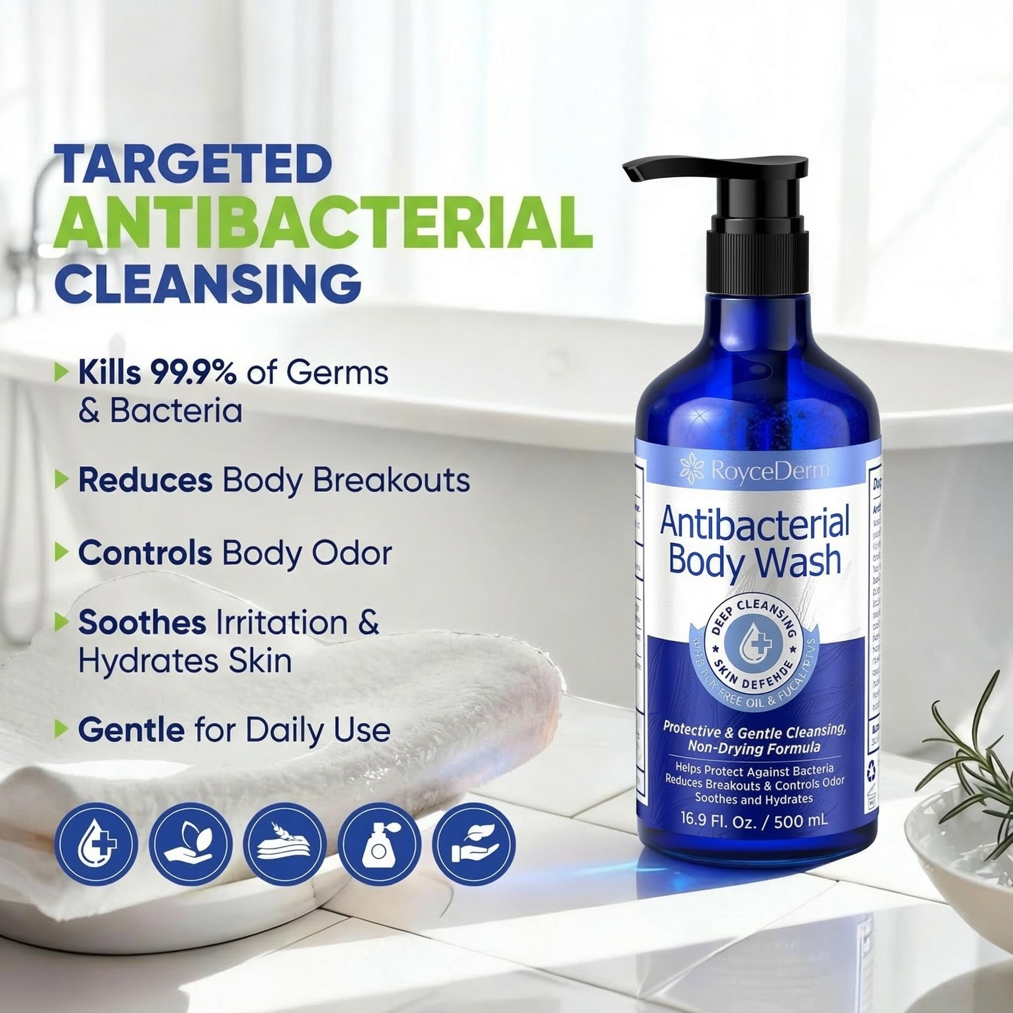 Roycederm Antibacterial Body Wash & Soap – Kills 99.9% of Germs & Bacteria – For Body Acne, Folliculitis & Odor Control – Gentle Daily Use for Men & Women (16.9 Fl Oz (Pack of 2))
