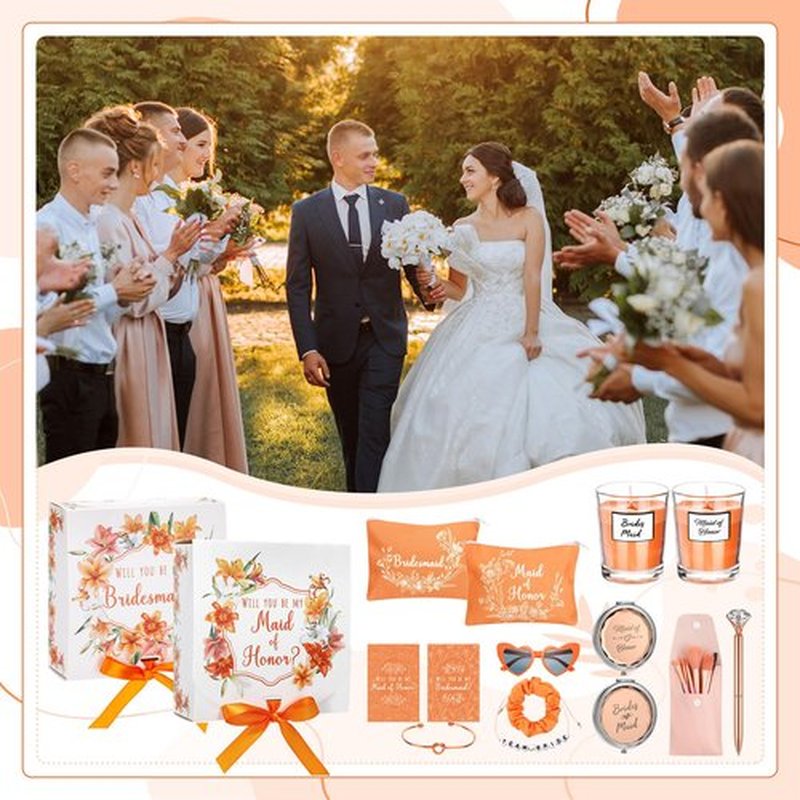 Nuogo 88 Pcs 8 Sets Bridesmaid Proposal Gift Wedding Bridesmaid Box Set Maid of Honor Gift Include Box Candle Invited Cards Scrunchies Hair Elastics Ties Knotted Bracelets Diamond Pens(Orange,Pretty)