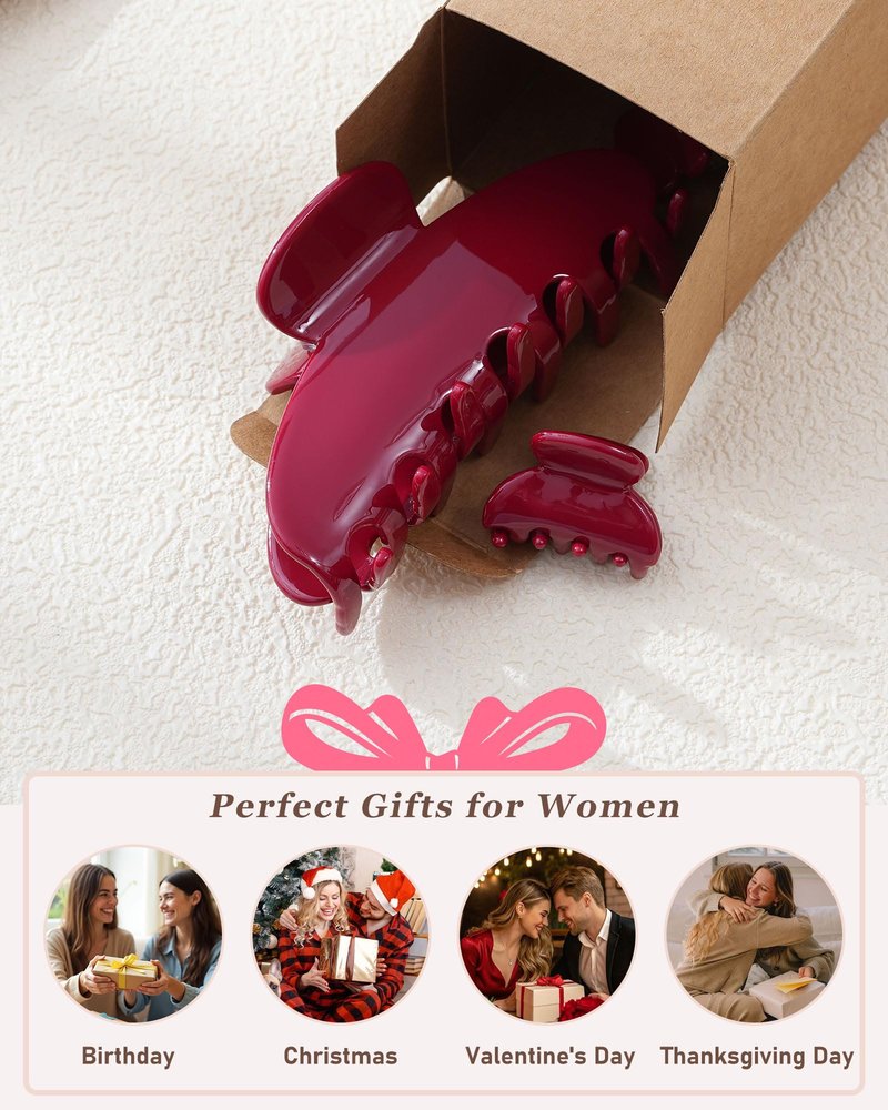 Ufgin Cherry Red Acetate Hair Claw Clips for Women 3.9 Inch Large French Banana Clip and 2 PCS Small No-Slip Claw Clips for Thick or Thin Hair（Red）