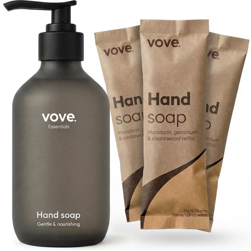 Vove Hand Soap Starter Set with Refillable Dark Glass Pump Bottle & 3 Refills, Mandarin Geranium & Cedarwood, Powder-to-Gel with Aloe Vera & Cactus Extract, Plant-Based Formula, Plastic-Free