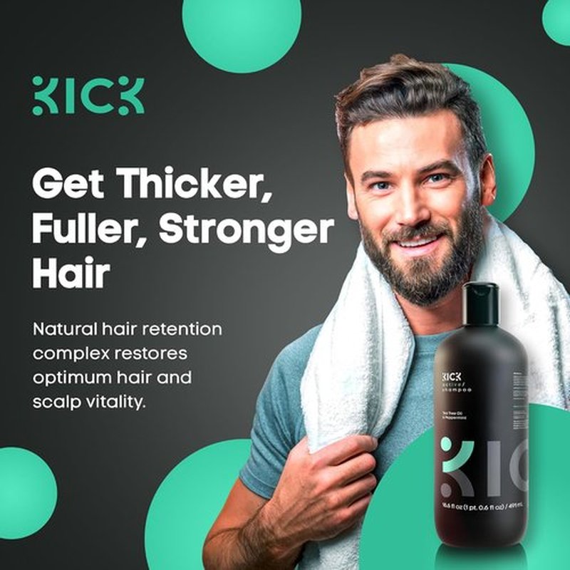 Kick Mens Shampoo - Peppermint & Tea Tree Oil Control - Sulfate-Free Anti-Dandruff Formula - 16.6oz